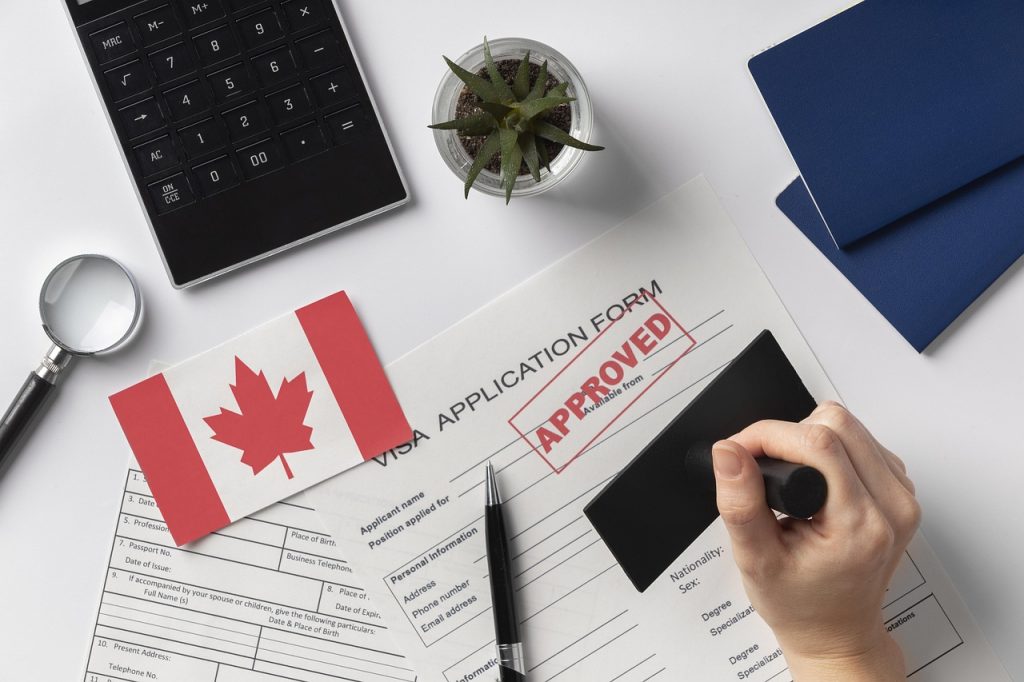 Un plan de travail sur lesquels sont posés des formulaires et des passeports.