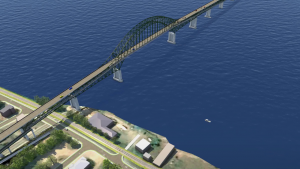 Une simulation 3D montrant une vue aérienne du pont Centennial de Miramichi.