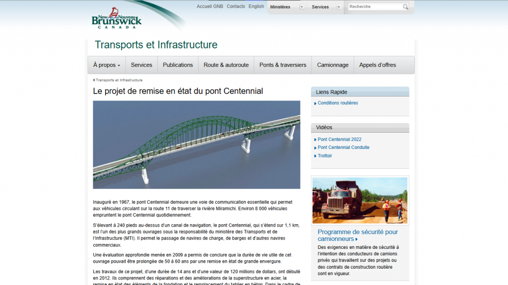 Capture d'écran de l'ancienne page gouvernementale du projet de réfection du pont Centenaire de Miramichi.