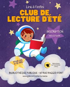 Affiche du club de lecture : le fond est violet et on peut voir un dessin d'un enfant dans une combinaison d'astraunaute avec un livre à la main