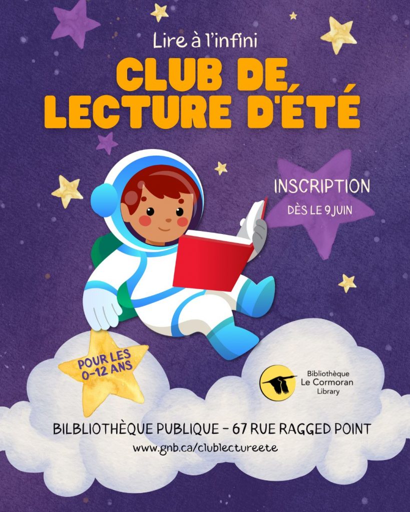 Affiche du club de lecture : le fond est violet et on peut voir un dessin d'un enfant dans une combinaison d'astraunaute avec un livre à la main