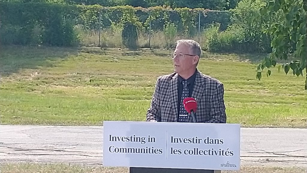 Photographie du ministre Lepage en plein discours, avec un terrain vague en arrièere-plan.