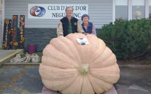 Photographie de Daryl et Maureen Tingley derrière leux citrouille géante.