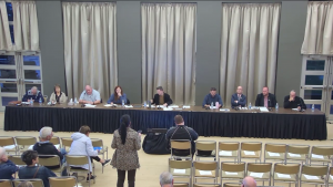 Capture d'écran de l'assemblée publique, avec une personne au micro devant les membres du conseil municipal de Miramichi.