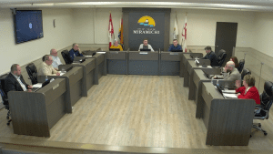 Photographie de la salle du conseil de Miramichi, où les conseillers Peggy Doyle et Ryan Somers lèvent la main.